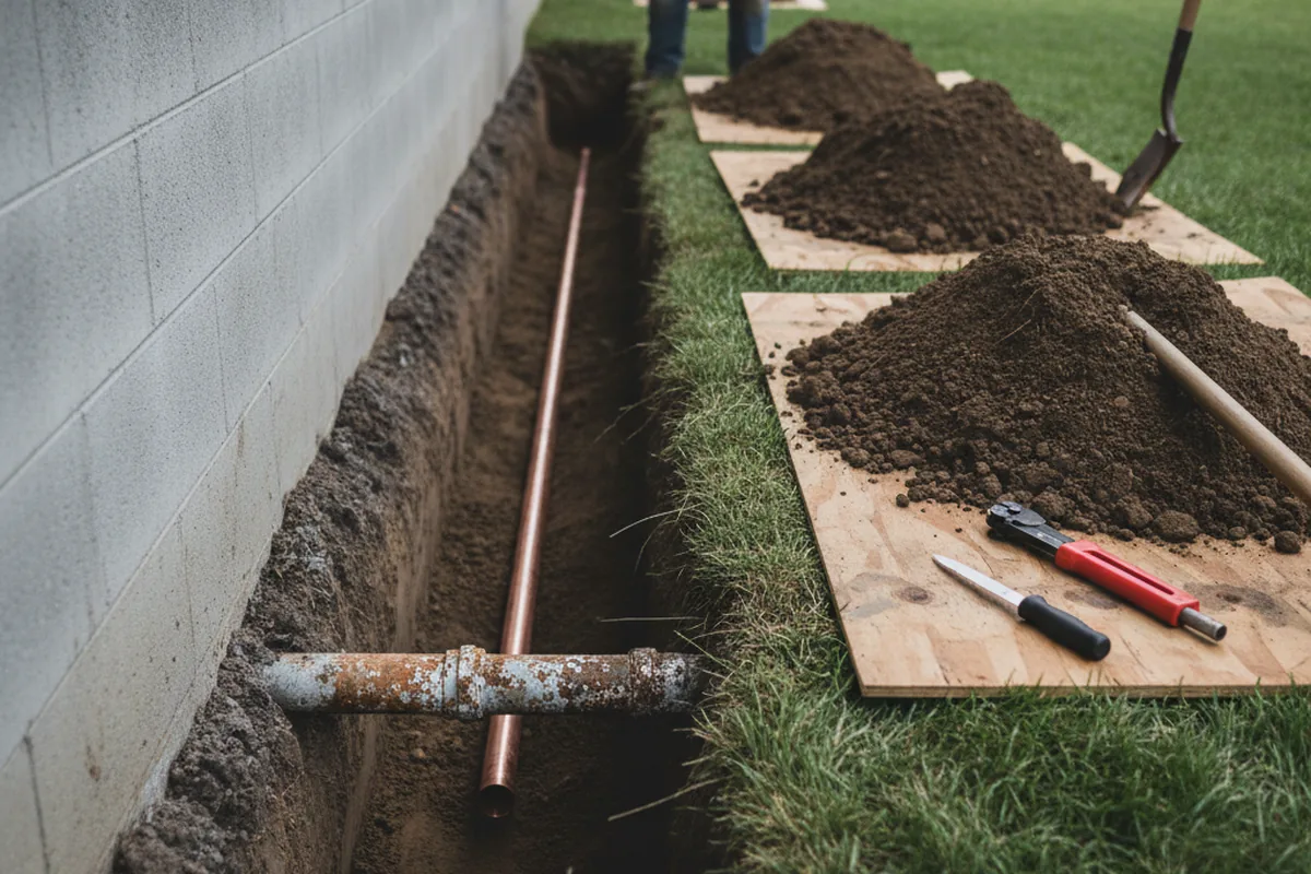 Excavated water line trench during Water Softener Installation in Montevideo
